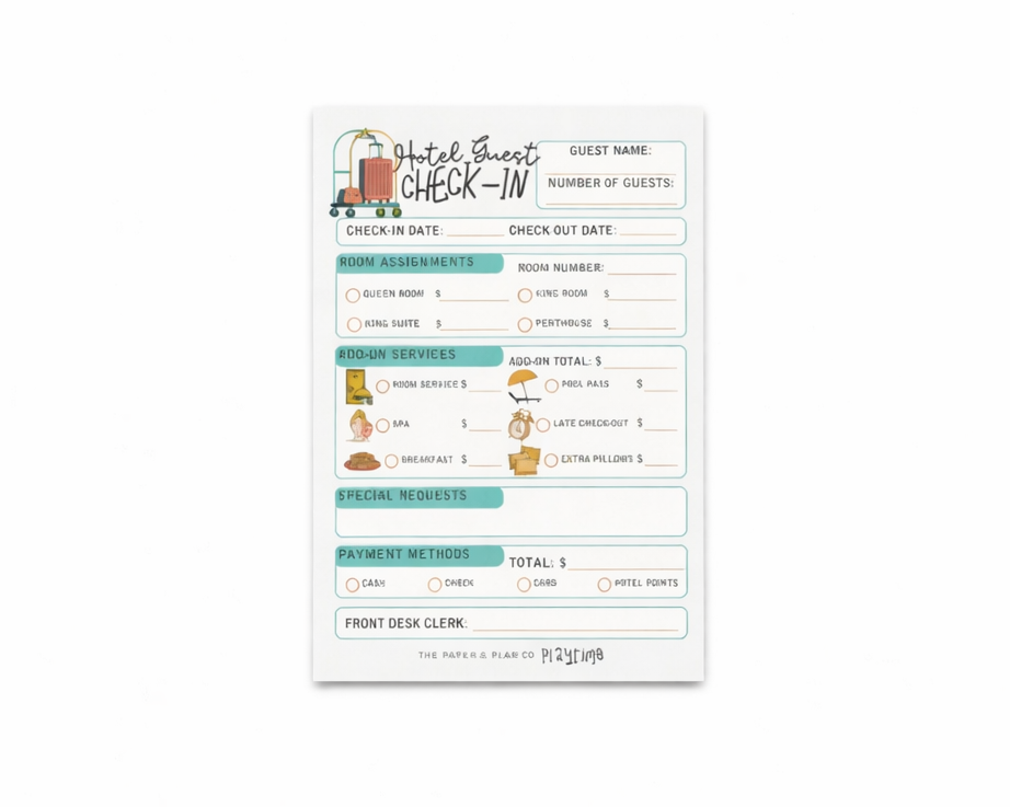 Hotel Guest Check In Playtime Pad – The Paper & Plan Co